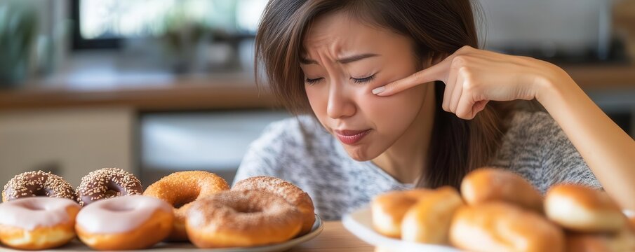 Asian woman shaking her head while pointing at a plate of bread and donuts, symbolizing rejection due to gluten allergy