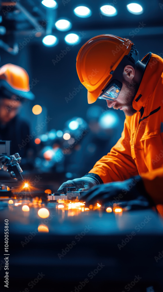 Poster factory worker in orange safety jacket and helmet focuses on assembling components in high tech envi