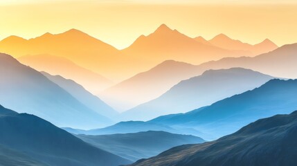 Obraz premium The view of the mountains at sunrise, with soft golden light illuminating the peaks and valleys, is a peaceful start to the day.