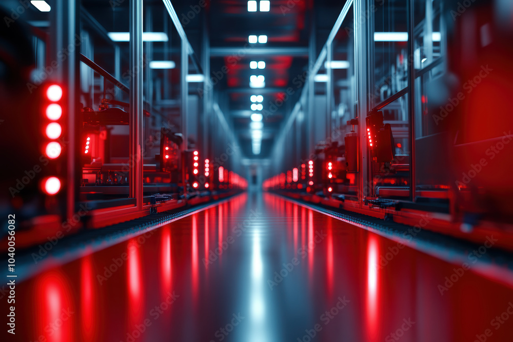 Poster futuristic production line illuminated by red lights, showcasing advanced technology and automation.