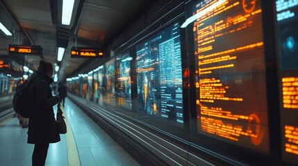 Urban Transit Hub, modern design, digital display boards, real-time passenger information, bustling atmosphere, efficient public transportation system