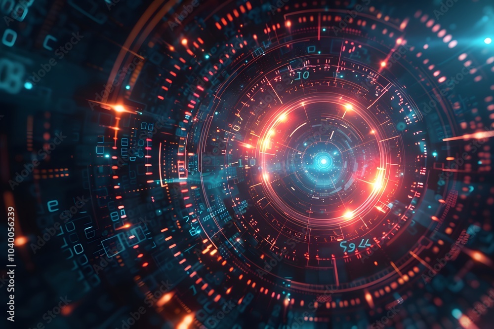 Poster futuristic digital tunnel with glowing circuits and data streams