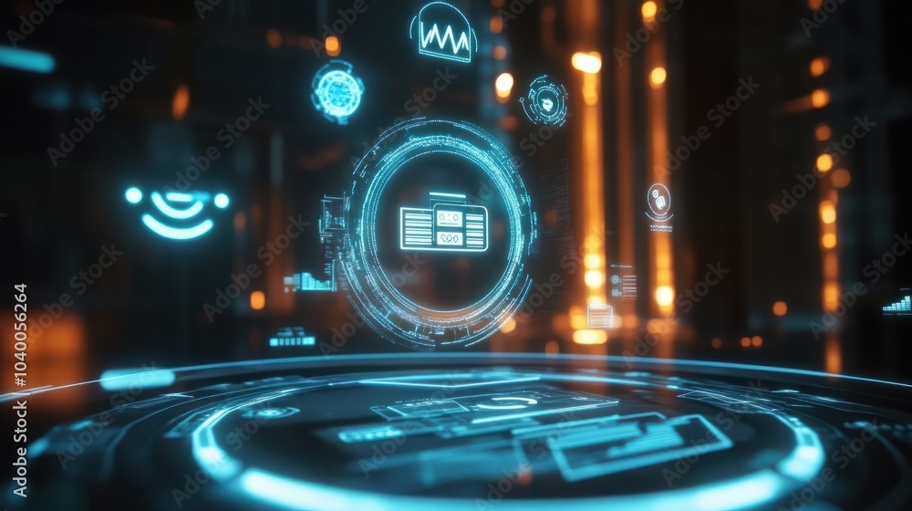 Poster interactive holographic display of shining banking icons for various services and instruments
