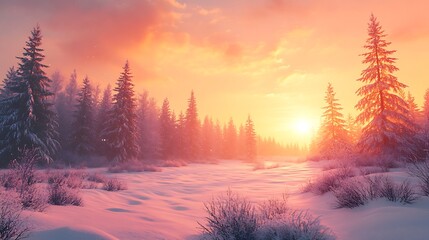 A snowy field surrounded by pine trees, the air crisp and cool with the scent of peppermint, fresh snow covering the ground, soft light from the setting sun casting a golden glow,