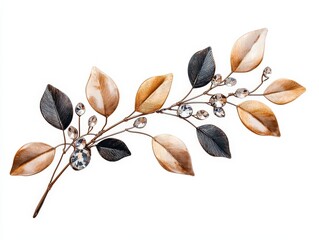 Elegant decorative branch with metallic leaves and sparkling crystals, perfect for artistic arrangements or design enhancements.