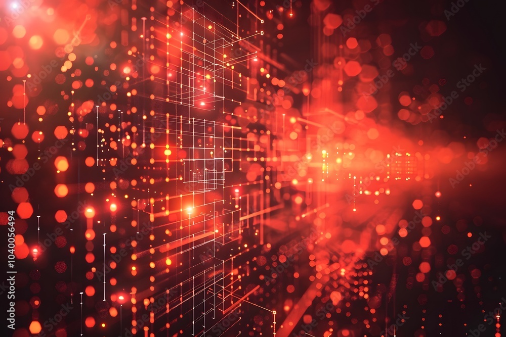 Poster abstract digital background with red particles and grids