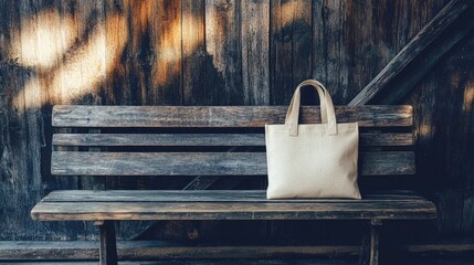 Obraz premium Stylish Unbranded Canvas Tote Bag on Wooden Bench