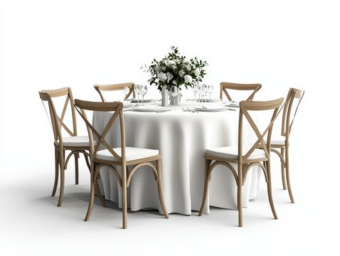 Elegant dining setup featuring a white tablecloth and floral centerpiece, perfect for weddings or formal gatherings.