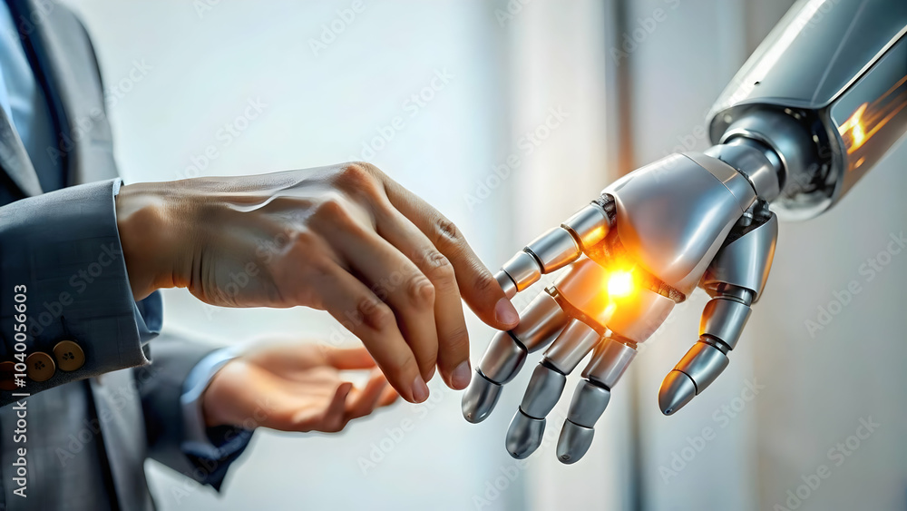 Poster human robot fingertips touching over glowing digital interface image | collaboration between humans 