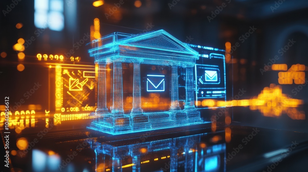 Poster interactive holographic display of shining banking icons for various services and instruments