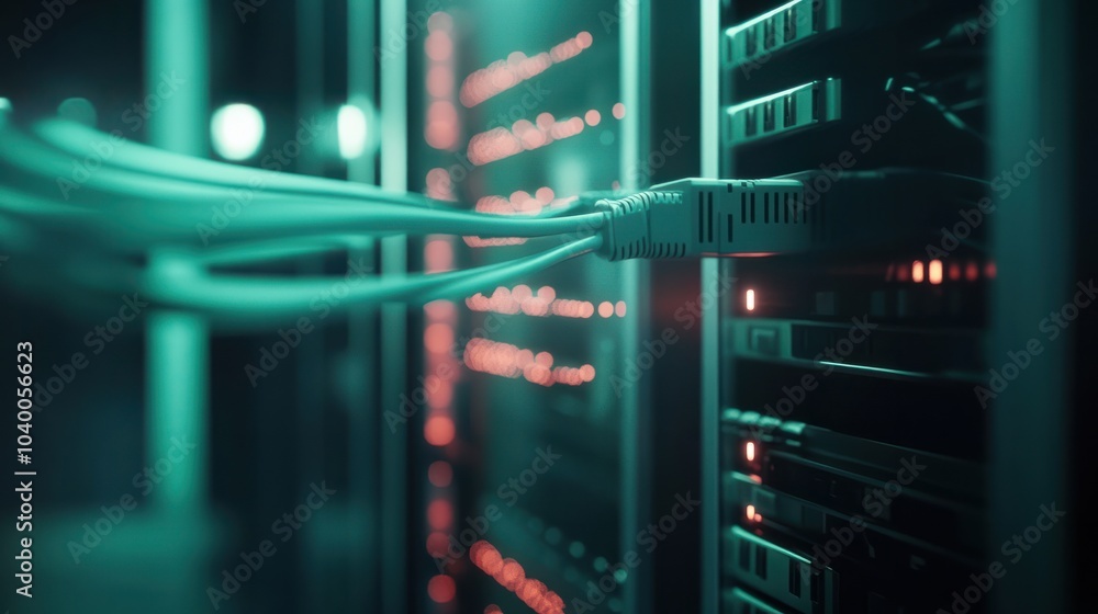 Poster internet lan cable in a modern server room for storing and transmitting information through a secure