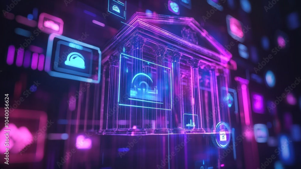 Poster interactive holographic display of shining banking icons for various services and instruments