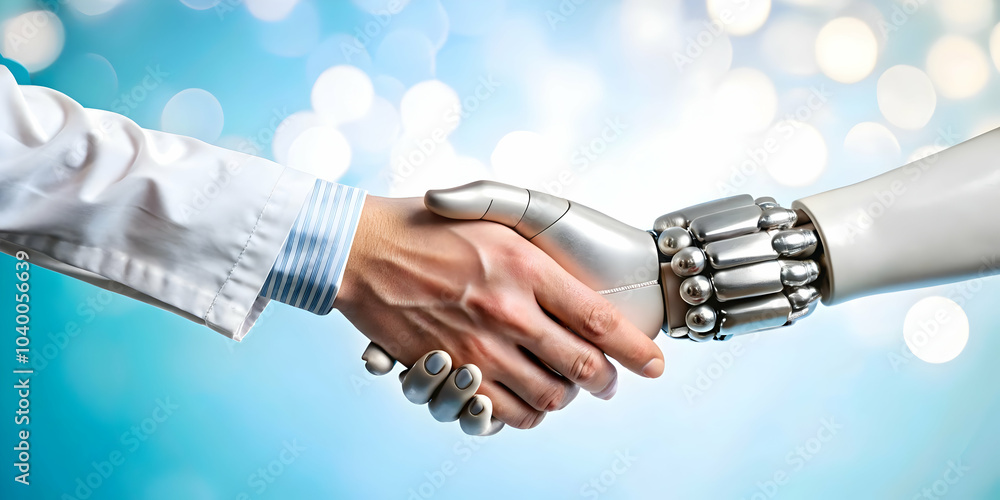 Poster robotic hand shaking hands with doctor over soft bokeh background - digital art symbolizing collabor