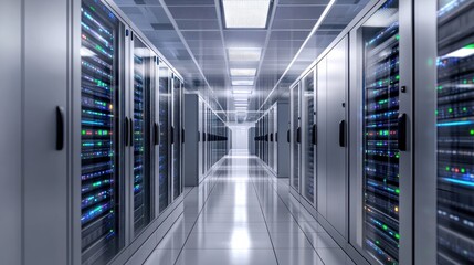 Internet LAN cable In a modern server room For storing and transmitting information through a secure internet technology network.