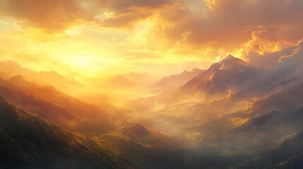 Fototapeta premium The view of the mountains at sunrise, with soft golden light illuminating the peaks and valleys, is a peaceful start to the day.