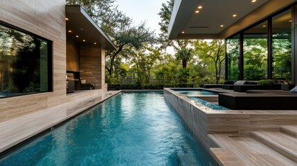 A stylish modern pool area featuring outdoor seating, surrounded by lush trees and contemporary architecture, creating a serene atmosphere for relaxation and leisure.