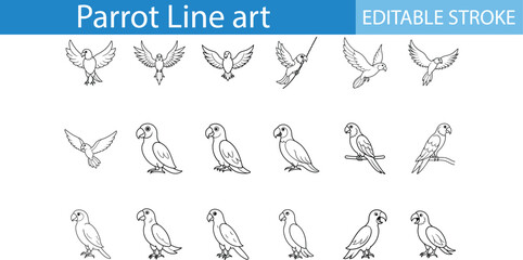 Parrot Line Art Illustrations Editable Stroke Set