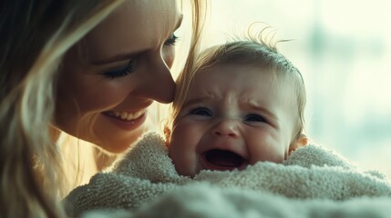 A mother lovingly cuddles her adorable baby, wrapped in a cozy towel, capturing tender and comforting moments amidst the soft hues of a sunlit environment.