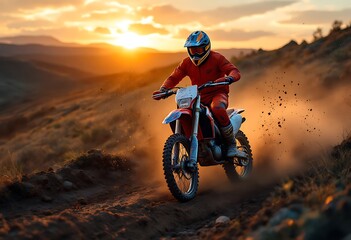 Back View Footage of the Professional Rider on the FMX Dirt Bike Twisting Full Throttle Handle and Digging into the Sand with His Back Wheel.
