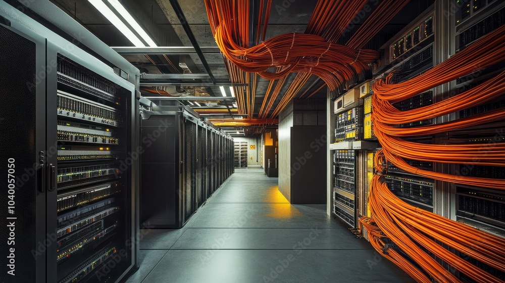 Poster internet lan cable in a modern server room for storing and transmitting information through a secure