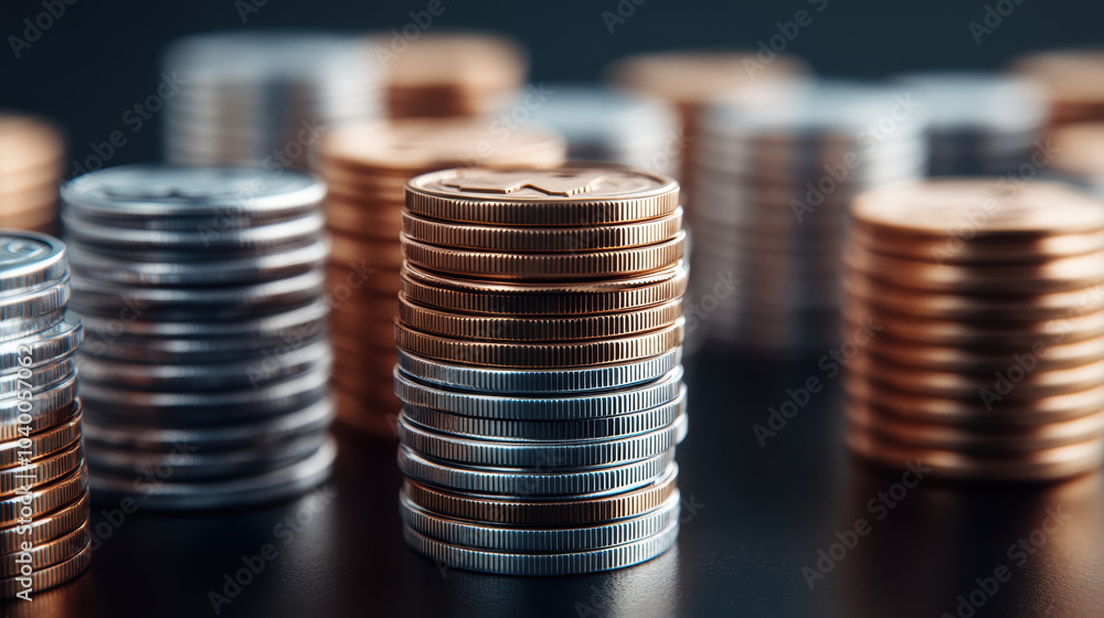 Poster stacks of coins in various currencies create shiny and reflective display, showcasing diversity of m