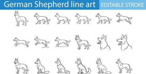 German Shepherd Line Art Editable Stroke Illustrations