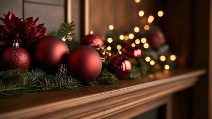 Vintage style Christmas ornaments displayed on fireplace mantel, featuring rich red baubles and festive greenery, creating warm and inviting holiday atmosphere