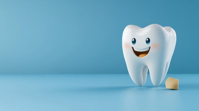 Una ilustraci&oacute;n de un diente sonriente sobre un fondo azul. El diente tiene una expresi&oacute;n feliz, lo que sugiere buena salud dental.

