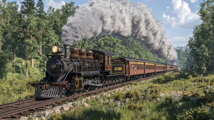 Fototapeta premium A vintage steam locomotive train travels through a forest landscape.