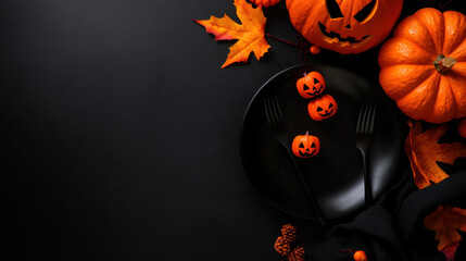 Halloween table set with eerie decorations, featuring pumpkins, leaves, and playful jack o lanterns, creates festive atmosphere for spooky feast