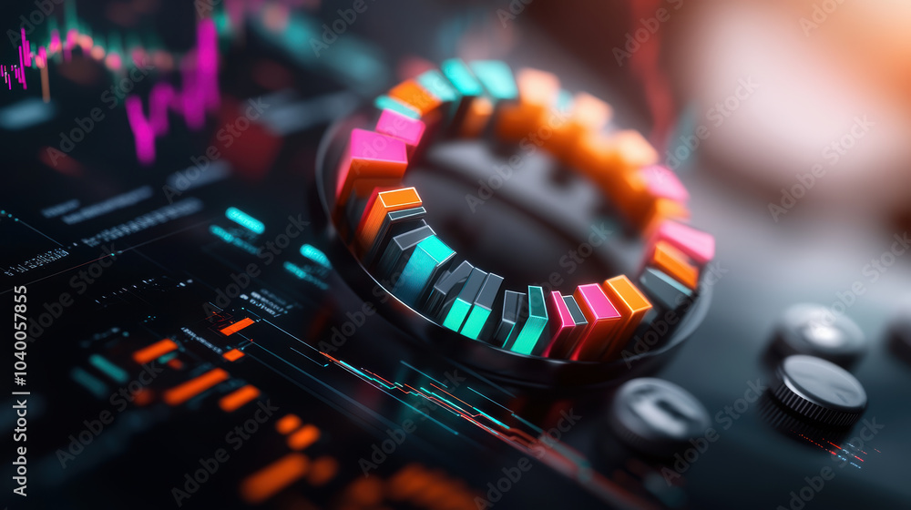 Poster abstract representation of data flow and business statistics, featuring vibrant colors and geometric