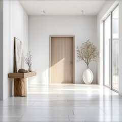 Bright interior design of modern entrance hall with door and wooden console table