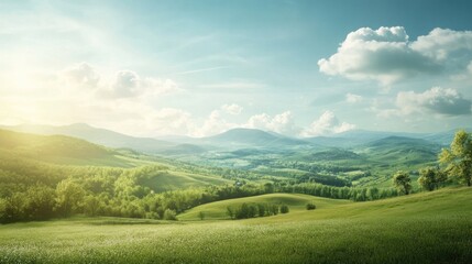 Tranquil Rural Landscape with Rolling Hills and Clouds