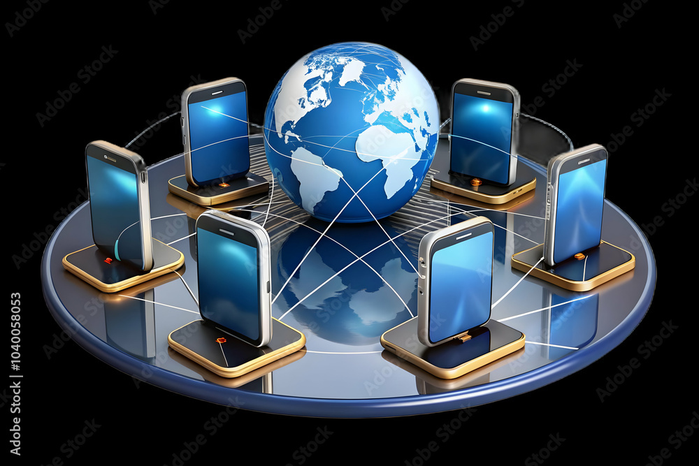 Poster smartphones connected glowing lines world map mobile connectivity abstract image bokeh effect global