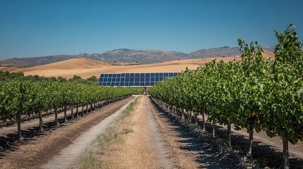 Obraz premium Rows of solar panels installed alongside farmland, harnessing energy from the sun while supporting agricultural activities.