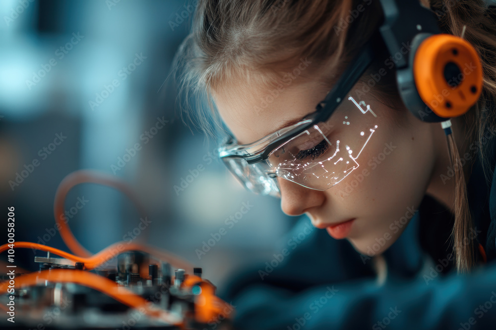 Poster innovative young engineer focused on programming ai driven robots, wearing protective glasses and he