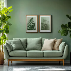 Green mint sofa against green wall with poster frame Boho style interior design of modern living room