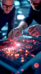 Engineers analyzing data on futuristic touchscreen interface, showcasing machine learning systems and digital technology. atmosphere is focused and innovative