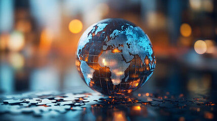3D Glowing Puzzle Globe Community Business Pieces Close Up Diverse Figures Collaborating ESG Symbols Bokeh Background Abstract Icon Isolated White for Global Business Concepts and Community Engagement