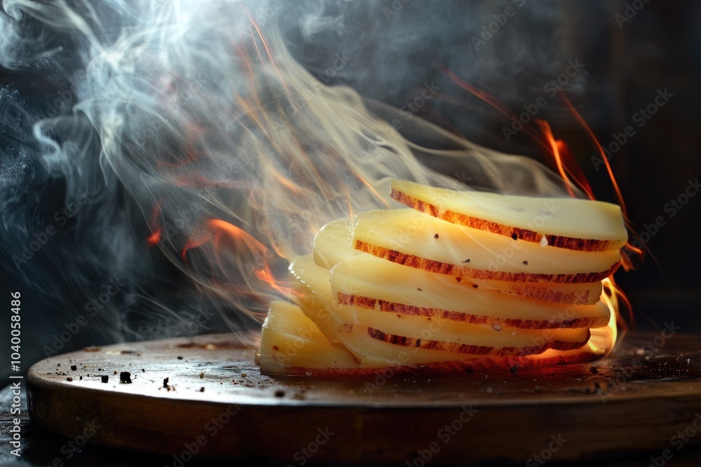 Canvas Prints Stack of Smoked and Slightly Charred Cheese Rounds on a Wooden Board