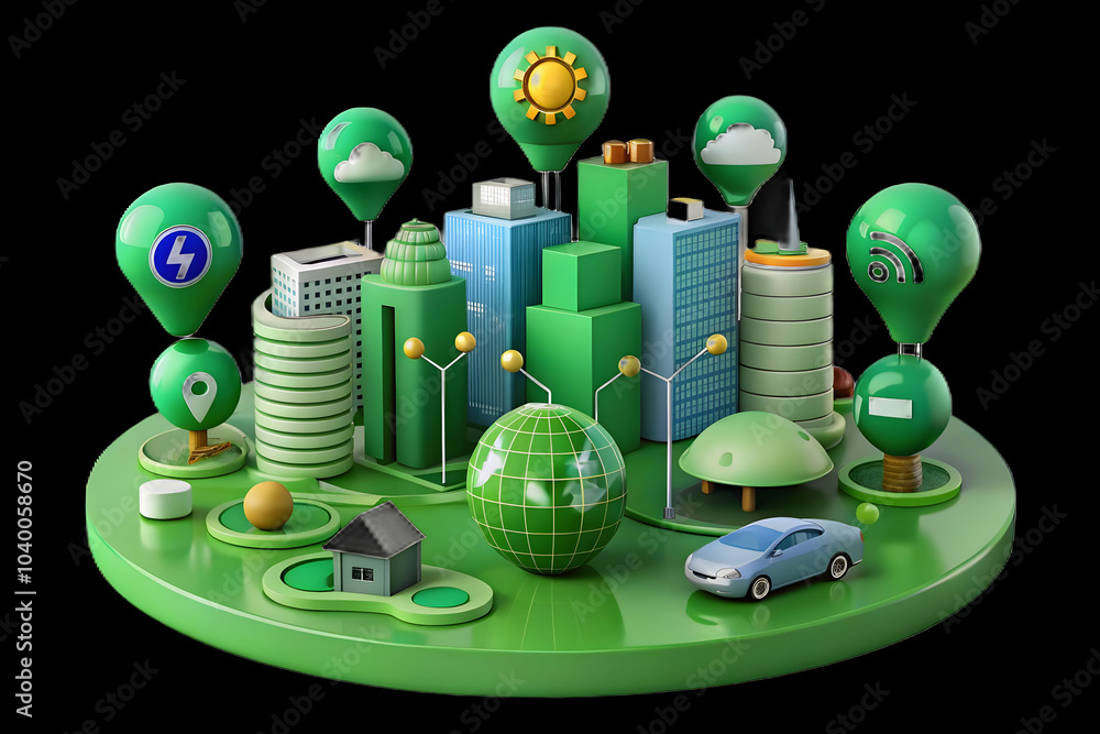 Poster plain green background with interconnected city icons and network lines for eco-friendly smart citie