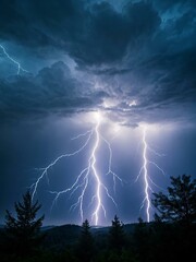Lightning in the sky during the day, white sky illuminated by lightning, nature in the background 