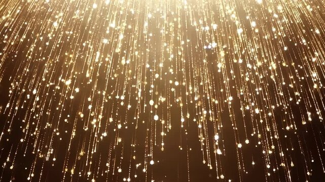 Beautiful luxury golden magical stardust particles trails sparkling and falling. light rays shower glowing shimmering radiance. Award ceremony template. Particle blinking background animation loop
