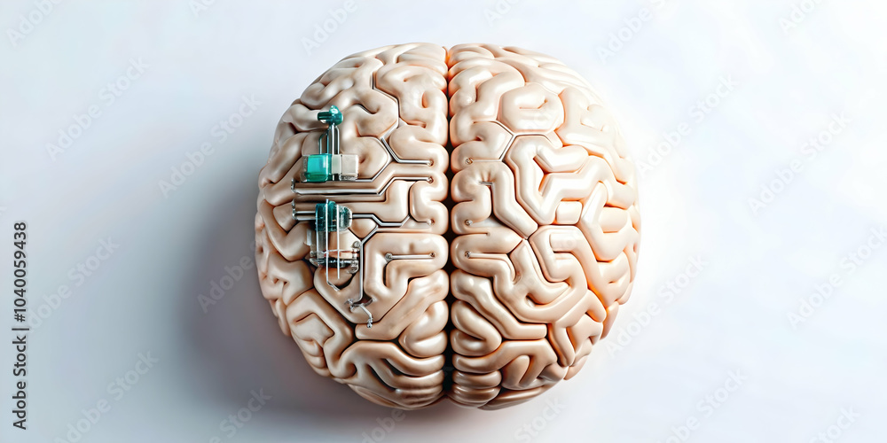 Poster close up human brain model ai circuits concept detailed image human brain intertwined glowing ai cir