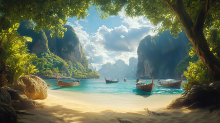 Fototapeta premium View of a beach with boats and a mountain in the background.