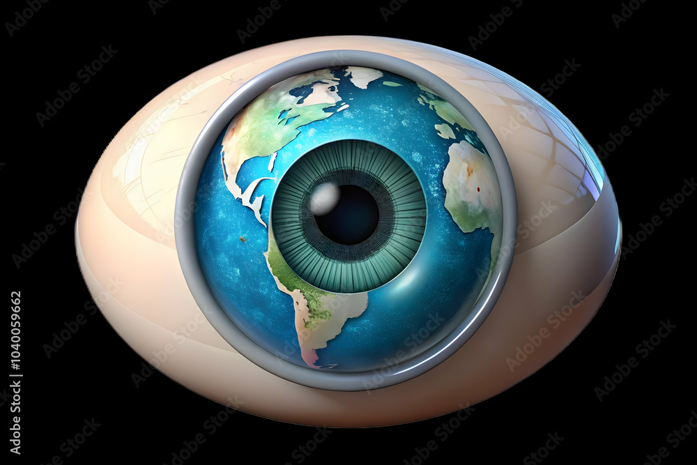 Poster close up human eye reflecting digital world map macro image symbolizing human interaction global dat