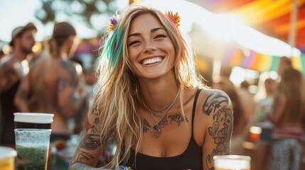A woman with colorful hair and tattoos beams at a lively festival, surrounded by vibrant decorations and cheerful people, encapsulating joy and free-spirited energy.