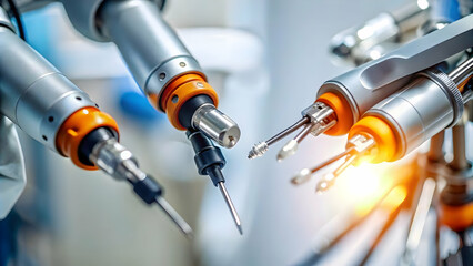 Close Up Robotic Surgical Instruments Soft Lighting Abstract Image Highlighting Precision Robotic Integration Healthcare Bokeh Background Copy Space Photo Stock Concept