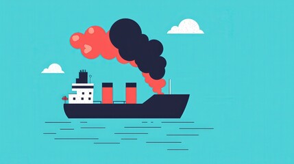 Obraz premium A vintage cargo ship illustration with dark smoke and colorful elements against a blue ocean background. Perfect for maritime and travel themes.
