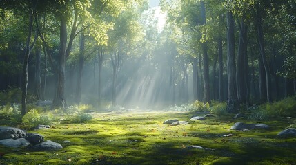 Obraz premium A tranquil woodland scene, with sunlight filtering through pine and cedarwood trees, eucalyptus scent carried by a light breeze, soft moss and fallen leaves covering the ground,